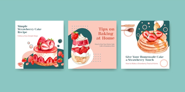 Vecteur gratuit annoncez le modèle avec la conception de cuisson aux fraises pour brochure avec gaufres, gâteau au fromage et illustration aquarelle shortcake