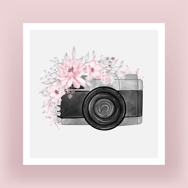 Appareil photo avec illustration de fleurs aquarelle rose clair