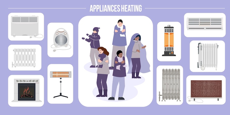 Vecteur gratuit appareils de chauffage infographies plates avec des compositions de personnes gelées et divers types d'illustration vectorielle d'appareils de chauffage de radiateurs