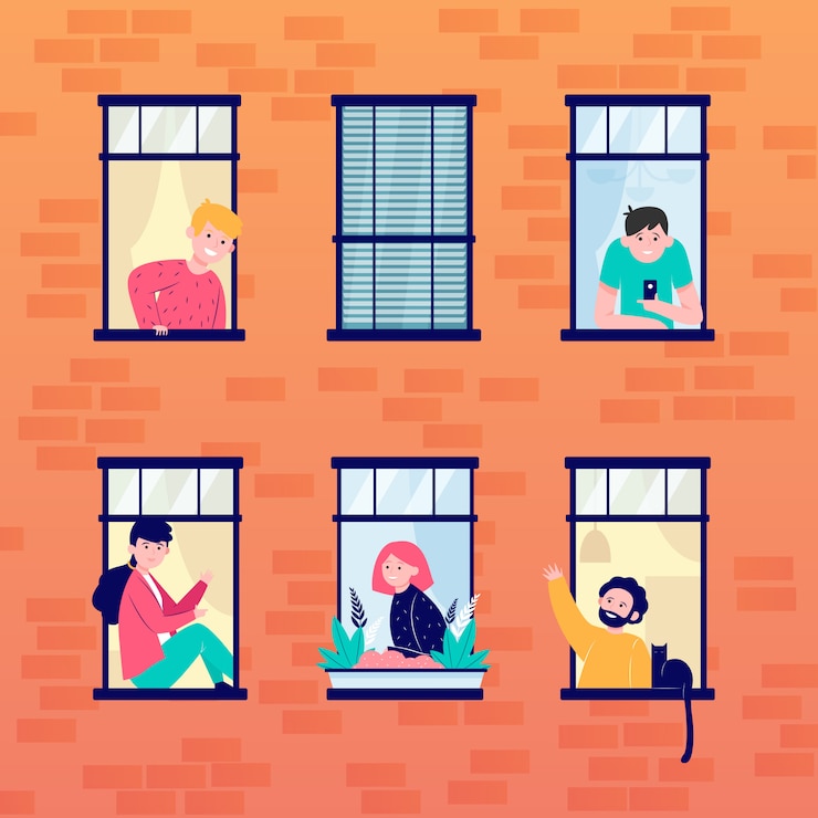 Vecteur gratuit appartement fenêtres ouvertes et voisins