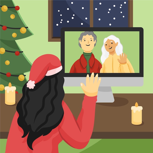 Vecteur gratuit appel vidéo en famille de noël