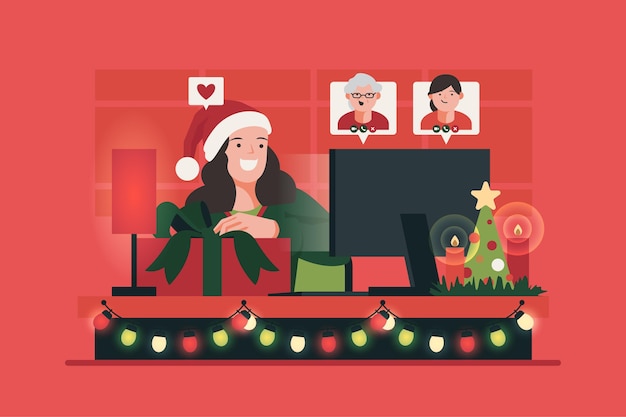 Vecteur gratuit appel vidéo en famille de noël