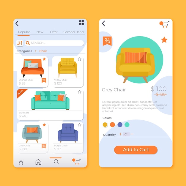 Vecteur gratuit application d'achat de meubles