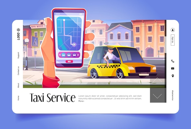 Vecteur gratuit application pour smartphone de page de destination de dessin animé de service de taxi
