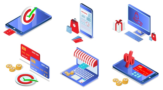 Application smartphone paiements mobiles et informatiques transaction en ligne Shopping processus en ligne sur smartphone Vecter dessin animé illustration conception isométrique