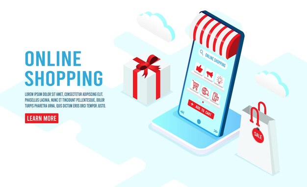 Application smartphone paiements mobiles et informatiques transaction en ligne Shopping processus en ligne sur smartphone Vecter dessin animé illustration conception isométrique