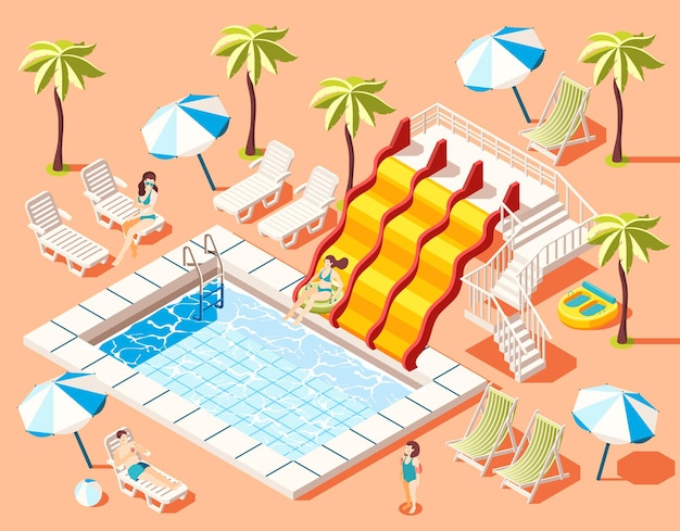 Aquapark Isométrique Avec Illustration De Symboles De Bronzage Et De Manèges Amusants