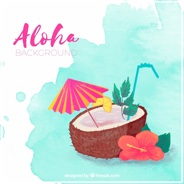 Aquarelle Aloha Background Avec Boisson De Noix De Coco Et De Fleurs