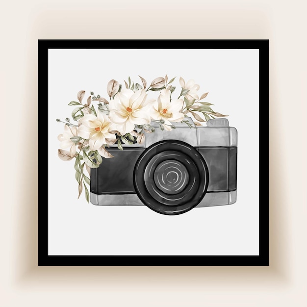 Vecteur gratuit aquarelle de l'appareil photo avec des fleurs magnolia blanc