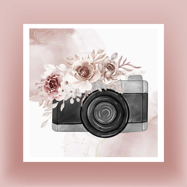 Vecteur gratuit aquarelle de l'appareil photo avec des fleurs en terre cuite brune