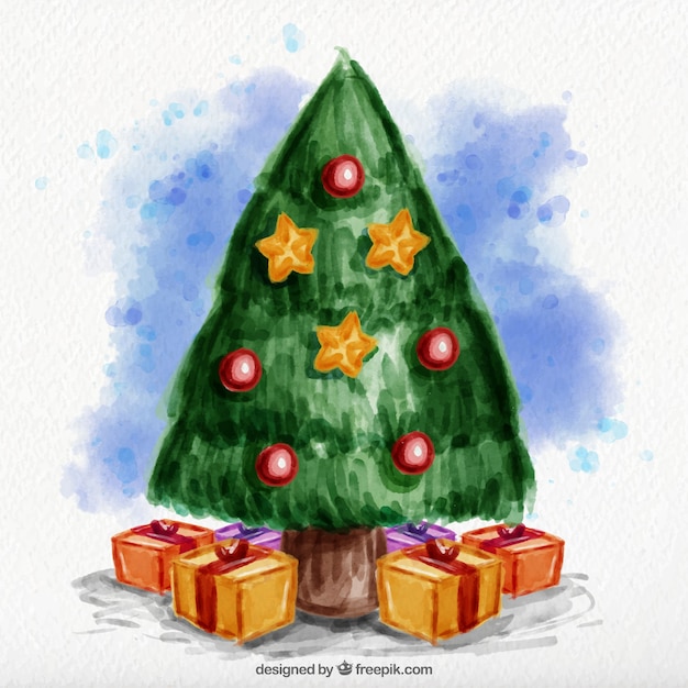 Vecteur gratuit aquarelle arbre de noël de fond avec des coffrets cadeaux