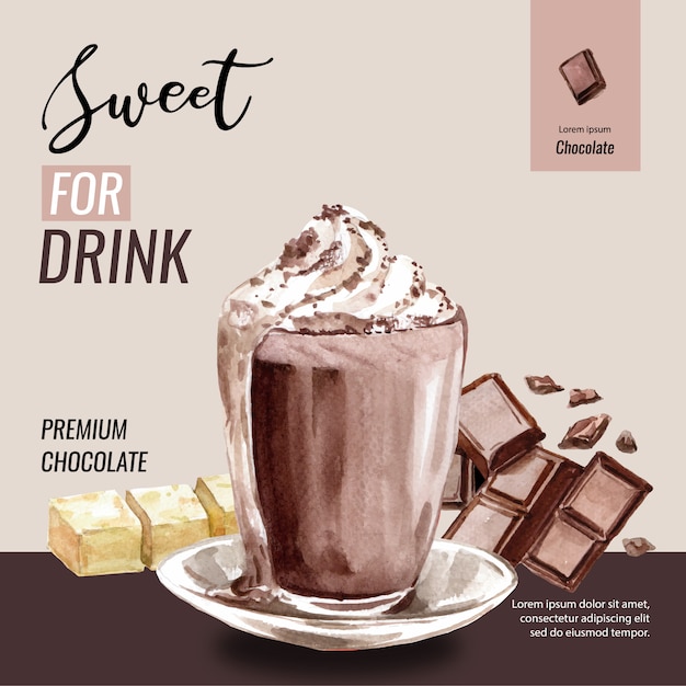 Vecteur gratuit aquarelle d'arbres de branche de cacao au chocolat avec boisson frappée au chocolat, illustration