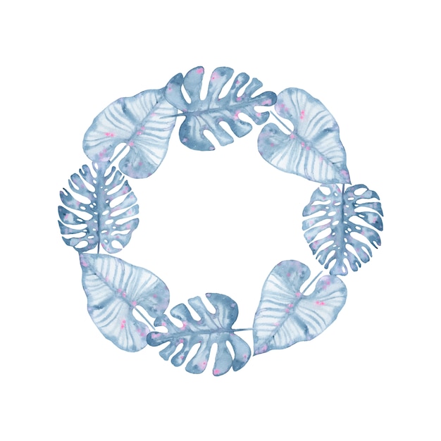 Aquarelle Couronne florale d'indigo tropical avec des feuilles de palmier indigo monstera