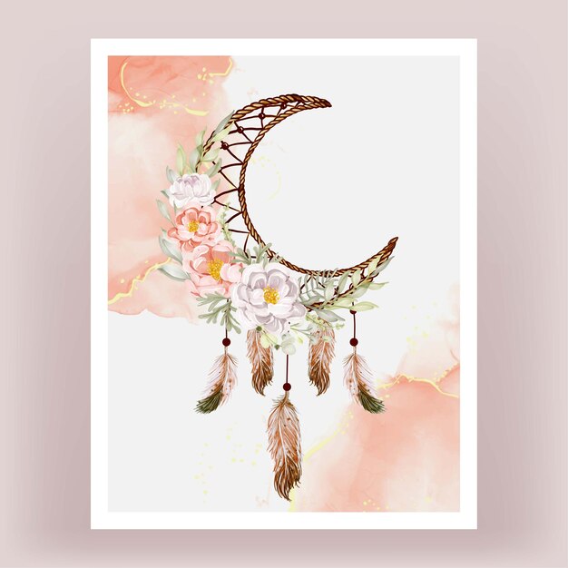 Aquarelle dream catcher pivoines orange blanc plume