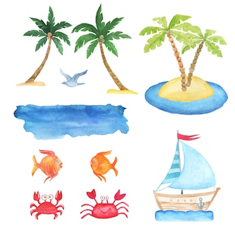 Aquarelle d'été sertie de palmiers, poissons, illustration de crabe