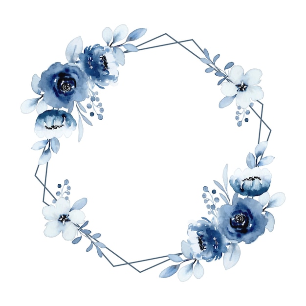 Aquarelle florale blanche bleue avec cadre géométrique