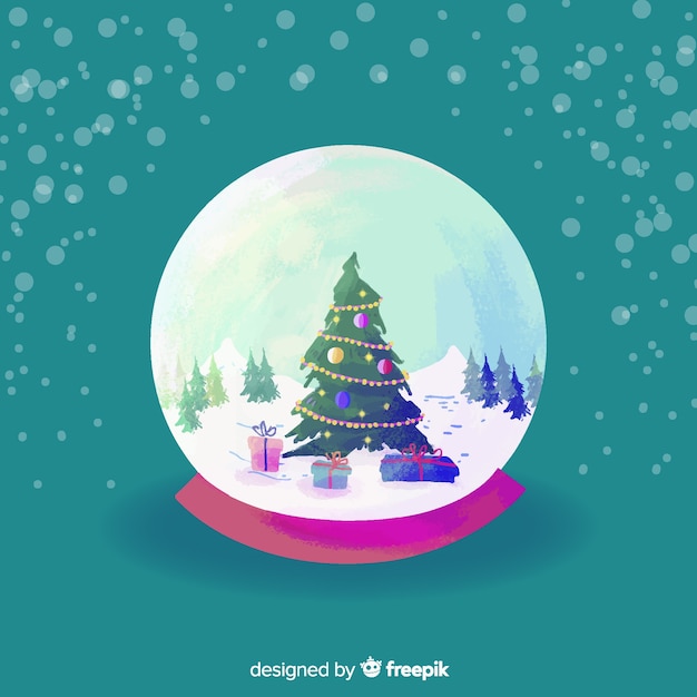 Aquarelle globe boule de neige de noël avec arbre