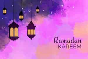 Vecteur gratuit aquarelle joyeux ramadan kareem avec bougies
