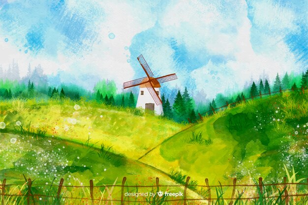 Aquarelle paysage agricole