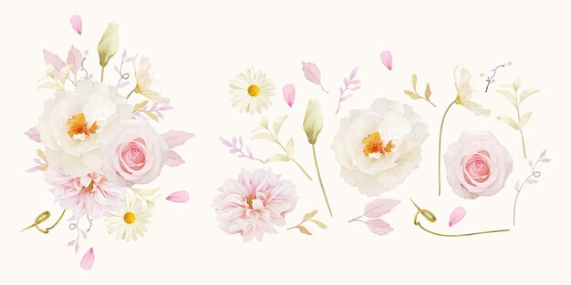 Aquarelle rose pivoine et collection de fleurs de dahlia