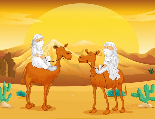 Vecteur gratuit arabes à dos de chameau dans le désert