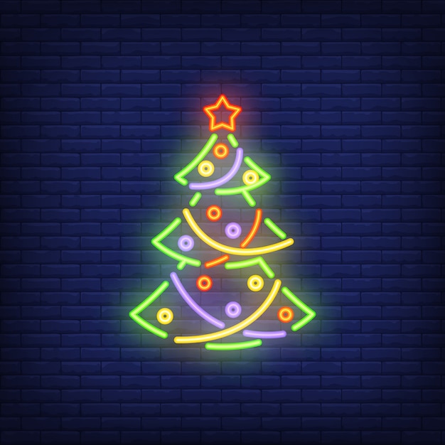 Arbre de Noël au néon avec des ornements. Élément festif.