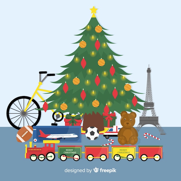 Vecteur gratuit arbre de noël avec fond de jouets