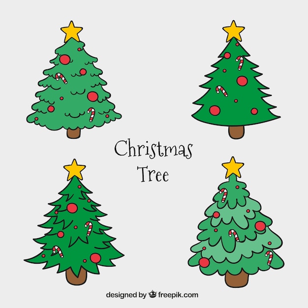 arbres de Noël dessinées à la main avec décoration rouge