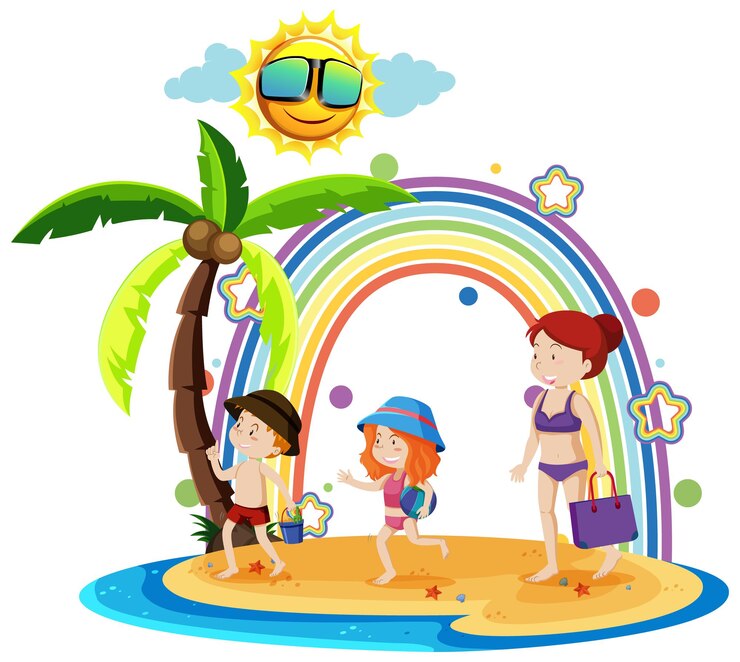 Vecteur gratuit arc-en-ciel sur l'île en famille en vacances