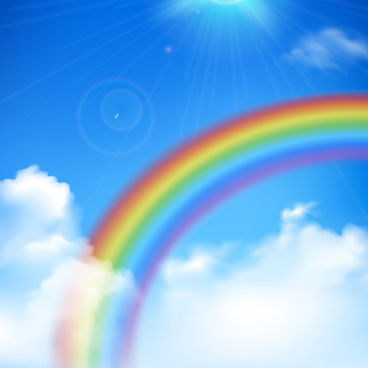 Vecteur gratuit arc-en-ciel et rayons de soleil fond réaliste avec nuages et ciel bleu