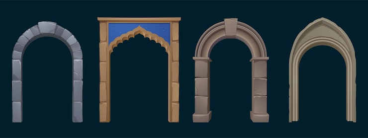 Vecteur gratuit arches en pierre de la grèce antique, romaine et arabe. ensemble de dessins animés vectoriels d'éléments d'architecture ancienne, entrée avec piliers et colonnes antiques isolés sur fond noir