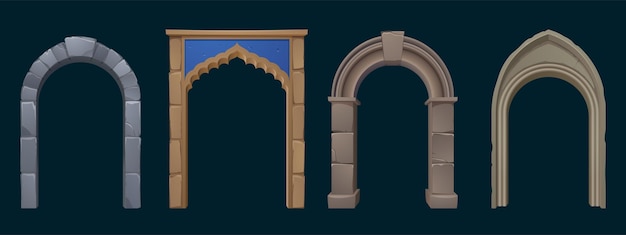 Arches en pierre de la Grèce antique, romaine et arabe. Ensemble de dessins animés vectoriels d'éléments d'architecture ancienne, entrée avec piliers et colonnes antiques isolés sur fond noir