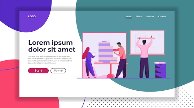 Vecteur gratuit architectes travaillant sur la construction d'un modèle de page de destination de modèle