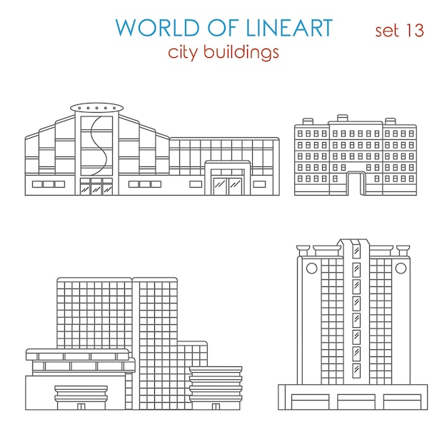 Architecture ville public municipal centre commercial centre d'affaires immobilier bâtiment al lineart style ensemble Monde de collection d'art en ligne