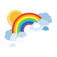 Vecteur gratuit arcs-en-ciel colorés avec nuages et soleil illustration de dessin animé isolée sur fond blanc