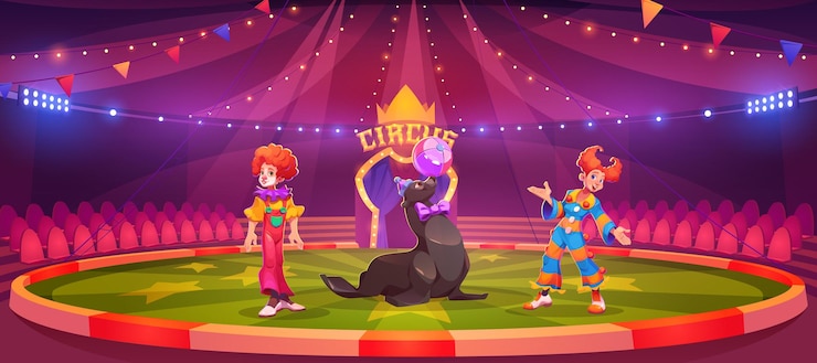 Vecteur gratuit arène de cirque avec des clowns et des phoques du port