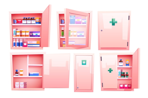 Vecteur gratuit armoire à pharmacie avec médicaments et pilules de pharmacie