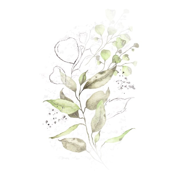 Arrangement aquarelle avec bouquet d'herbes argent feuilles vertes isolé