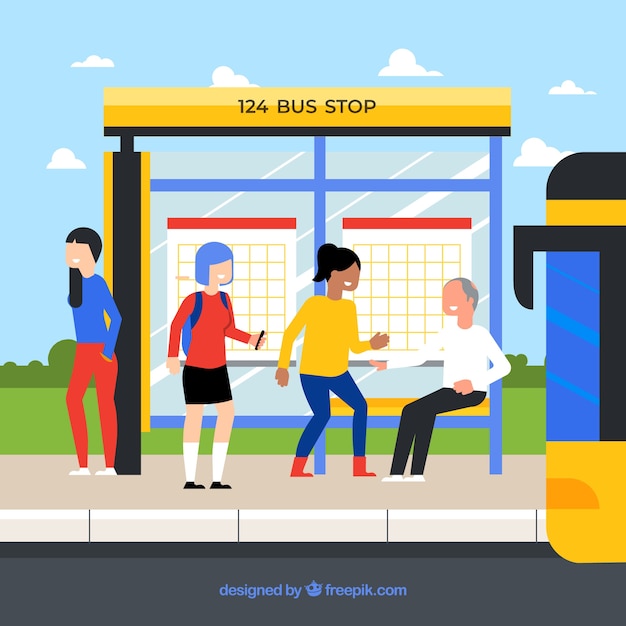 Vecteur gratuit arrêt de bus et les gens avec un design plat