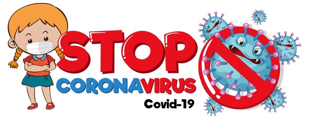 Arrêtez La Bannière Coronavirus Avec Une Fille Portant Un Masque Médical Sur Fond Blanc