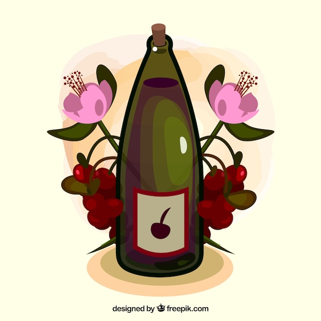 Vecteur gratuit arrière-plan avec une bouteille de vin et des fleurs