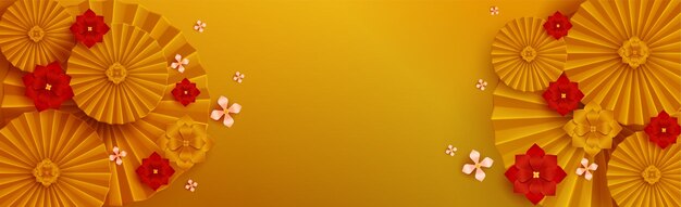Arrière-plan chinois doré avec des fleurs de ventilateur en papier
