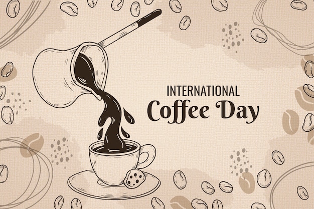 Vecteur gratuit arrière-plan dessiné à la main pour la célébration de la journée mondiale du café