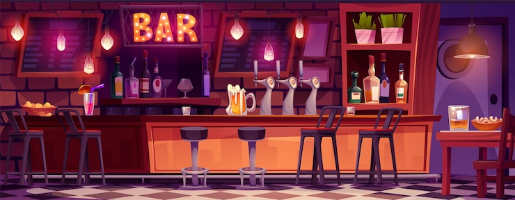 Vecteur gratuit arrière-plan de dessins animés à l'intérieur d'une table de bar et d'un pub