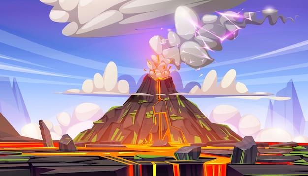 Vecteur gratuit arrière-plan du vecteur de dessin animé d'éruption de lave volcanique