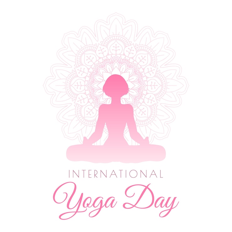 Vecteur gratuit arrière-plan élégant pour la journée internationale du yoga avec une silhouette féminine en pose de yoga