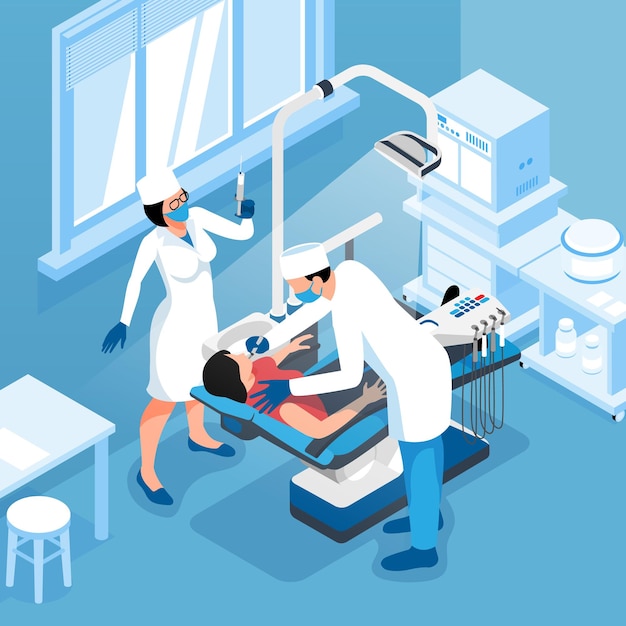 Arrière-plan isométrique de dentiste avec patient dans un fauteuil médical et dentiste travaillant et illustration d'aide