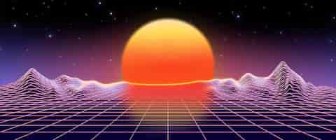 Vecteur gratuit arrière-plan d'onde synthétique rétro néon du coucher de soleil des années 80