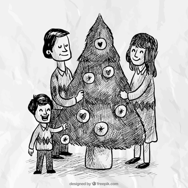 Vecteur gratuit arrière-plan de scène de famille croquis avec arbre de noël