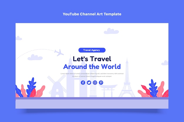 Vecteur gratuit art de la chaîne youtube de l'agence de voyage plate